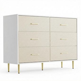 ANIXOL 6 Drawer Dresser with Fabric Front & Gold Metal Legs
