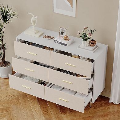 ANIXOL 6 Drawer Dresser with Fabric Front & Gold Metal Legs