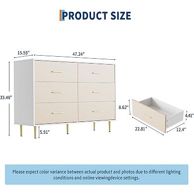 ANIXOL 6 Drawer Dresser with Fabric Front & Gold Metal Legs