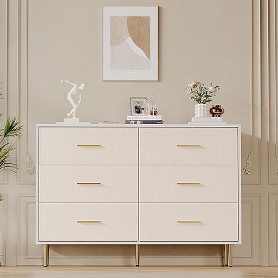 ANIXOL 6 Drawer Dresser with Fabric Front & Gold Metal Legs