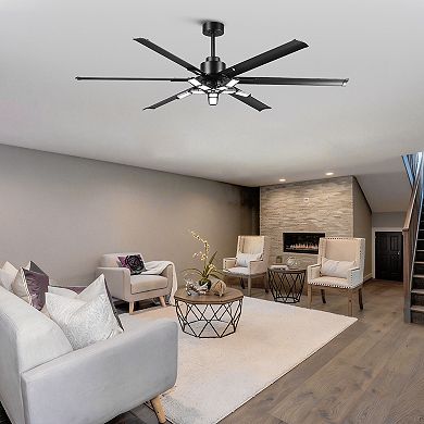 72" Industrial Matte Black HVLS Large Ceiling Fan with Foldable LED Light and Remote