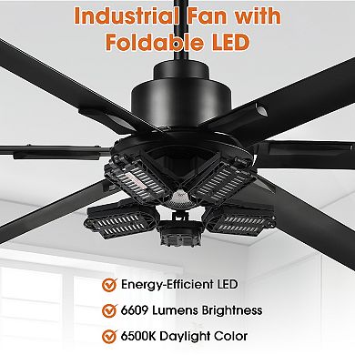 72" Industrial Matte Black HVLS Large Ceiling Fan with Foldable LED Light and Remote