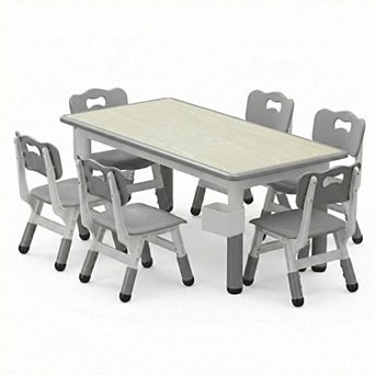 ANIXOL Adjustable Kids Table and 6 Chairs Set with Wood Grain Top