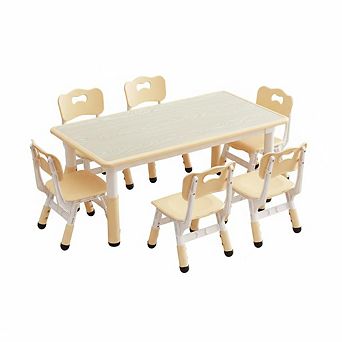 ANIXOL Adjustable Kids Table and 6 Chairs Set with Wood Grain Top