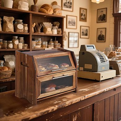 ANIXOL Two-Tier Acacia Wood Bread Box with Clear Acrylic Door