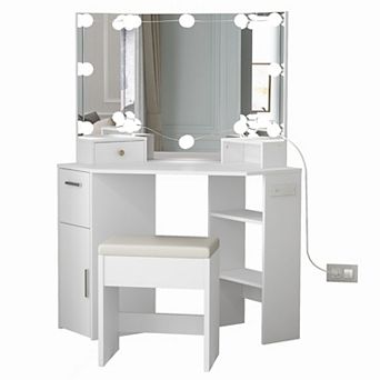 Corner Vanity Desk with Mirror, Lights, and Storage Drawers