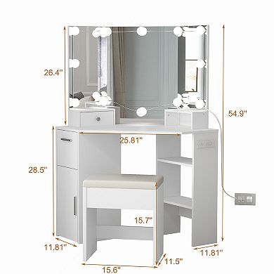 Corner Vanity Desk with Mirror, Lights, and Storage Drawers