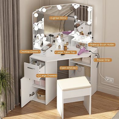 Corner Vanity Desk with Mirror, Lights, and Storage Drawers