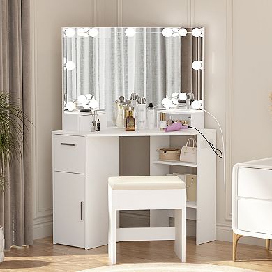 Corner Vanity Desk with Mirror, Lights, and Storage Drawers
