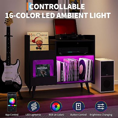 Large Record Player Stand, Vinyl Record Storage Cabinet with Sliding Door & LED