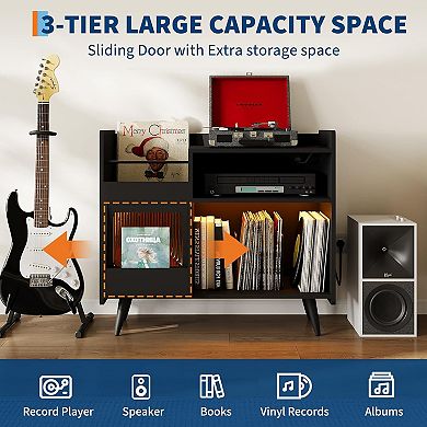 Large Record Player Stand, Vinyl Record Storage Cabinet with Sliding Door & LED