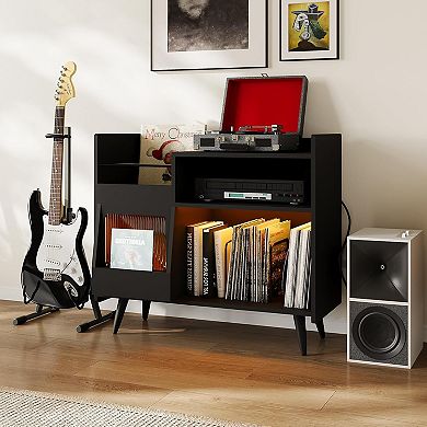 Large Record Player Stand, Vinyl Record Storage Cabinet with Sliding Door & LED