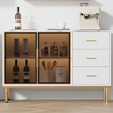 Fluted Sideboard Buffet Cabinet with Glass Doors, 3 Drawers & Marble Top