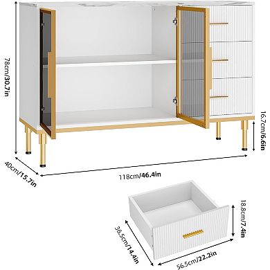 Fluted Sideboard Buffet Cabinet with Glass Doors, 3 Drawers & Marble Top