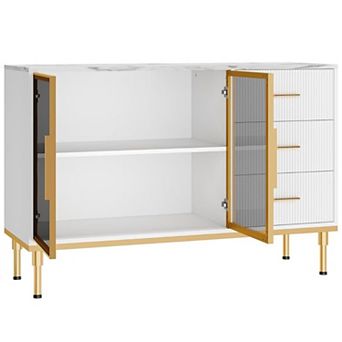 Fluted Sideboard Buffet Cabinet with Glass Doors, 3 Drawers & Marble Top