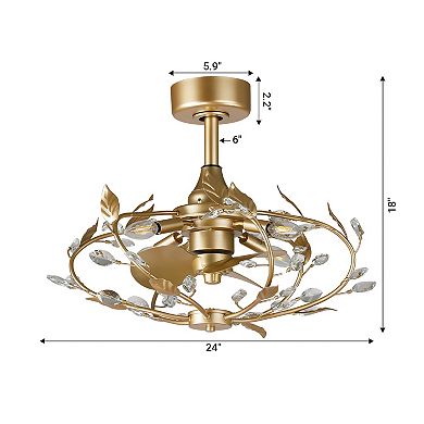 24" Modern Gold Crystal Dimmable Bladeless Ceiling Fan with Remote