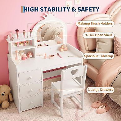 Kids Wooden Vanity Set with Mirror, Lights, and Chair