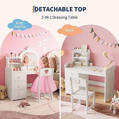 Kids Wooden Vanity Set with Mirror, Lights, and Chair