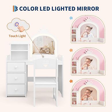Kids Wooden Vanity Set with Mirror, Lights, and Chair