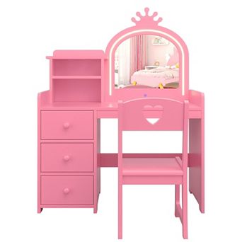 Kids Wooden Vanity Set with Mirror, Lights, and Chair