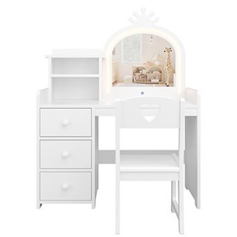 Kids Wooden Vanity Set with Mirror, Lights, and Chair