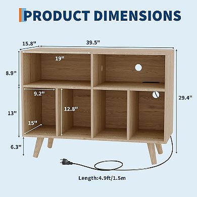 Large Record Player Stand, Wood Vinyl Record Storage Cabinet with Charging Station