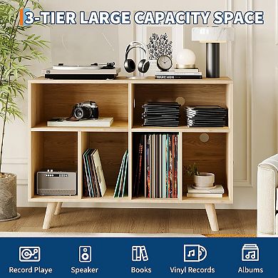 Large Record Player Stand, Wood Vinyl Record Storage Cabinet with Charging Station