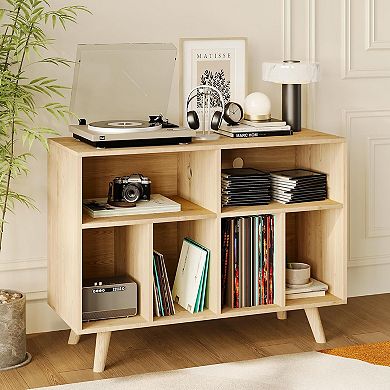 Large Record Player Stand, Wood Vinyl Record Storage Cabinet with Charging Station
