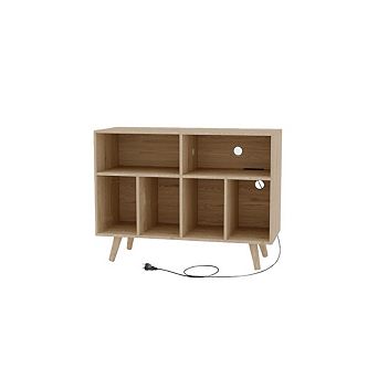 Large Record Player Stand, Wood Vinyl Record Storage Cabinet with Charging Station