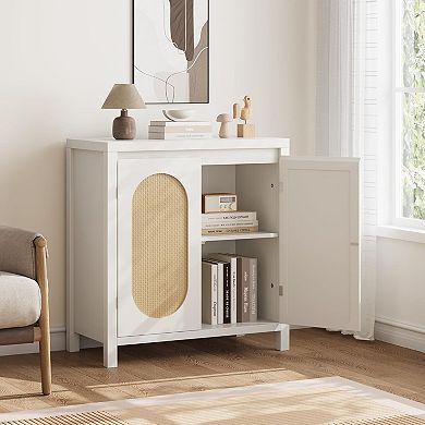 Modern Rattan Storage Cabinet with PVC Woven Doors, Adjustable Shelf