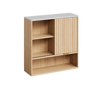 Fluted Wall Cabinet with Sliding Door & Faux Marble Top, Adjustable Shelf