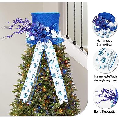 Glitter Christmas Tree Topper Bow with Snowflakes and Spruce