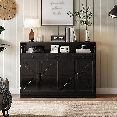 Buffet Cabinet with Drawers and Barn Doors, Large Sideboard Storage Cabinet
