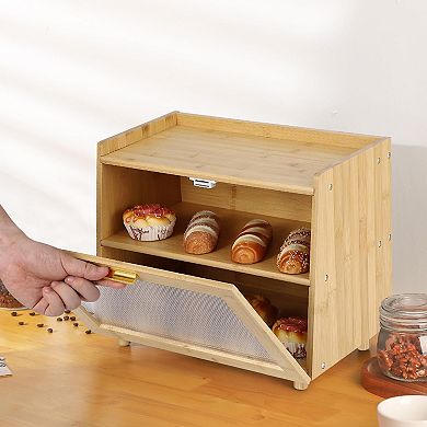 ANIXOL Two-Tier Wooden Bread Box with Window for Kitchen Counter