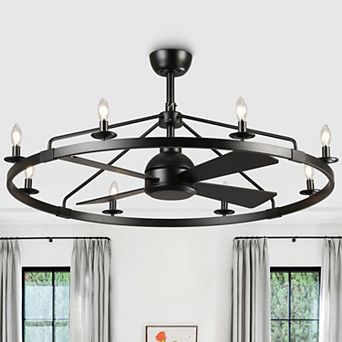 35" Industrial Black Wagon Wheel Caged Ceiling Fan with Light and Remote