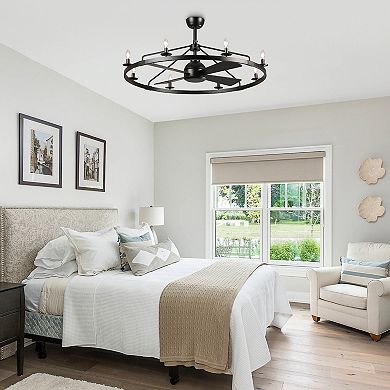 35" Industrial Black Wagon Wheel Caged Ceiling Fan with Light and Remote