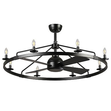 35" Industrial Black Wagon Wheel Caged Ceiling Fan with Light and Remote
