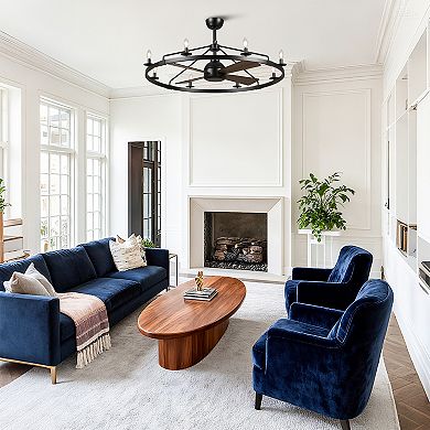 35" Industrial Black Wagon Wheel Caged Ceiling Fan with Light and Remote