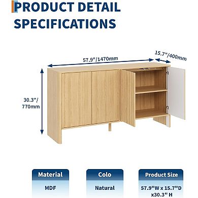 Fluted Sideboard Buffet Cabinet with Adjustable Shelves and Storage