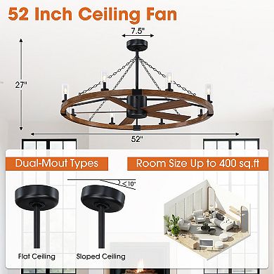 52" Farmhouse Black Wagon Wheel Caged Ceiling Fan Chandelier with Light and Remote