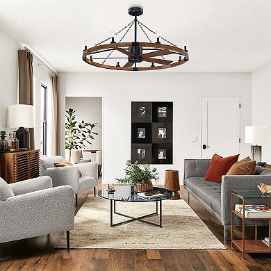 52" Farmhouse Black Wagon Wheel Caged Ceiling Fan Chandelier with Light and Remote
