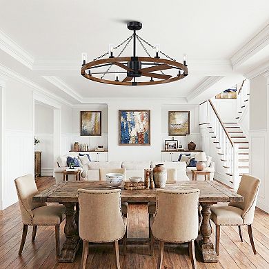 52" Farmhouse Black Wagon Wheel Caged Ceiling Fan Chandelier with Light and Remote