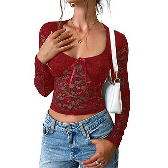 Women's Lace Long Sleeve Shirt Low Cut Slim Fit Top Bow Mesh Crop Going Out Tops