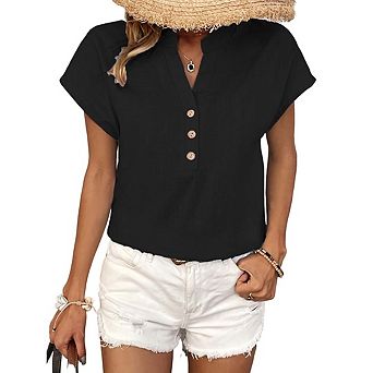 Women's Cotton Linen Shirts Loose Fit Short Sleeve V Neck Button Down Tops Causal Henley Blouses