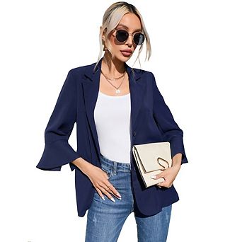 Women's 3/4 Sleeve Blazer Causal Notched Lapel One Button Jacket for Work Office Daily
