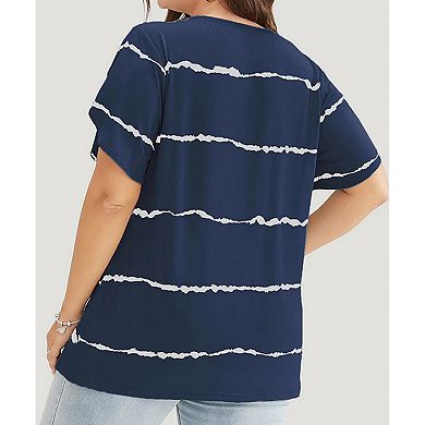 Women's Plus Size Striped Ruffle Sleeves V-neck Casual Comfortable Fresh Chort Sleeved T-shirt