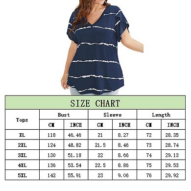 Women's Plus Size Striped Ruffle Sleeves V-neck Casual Comfortable Fresh Chort Sleeved T-shirt