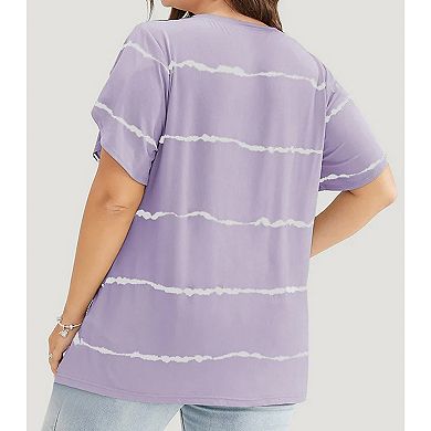 Women's Plus Size Striped Ruffle Sleeves V-neck Casual Comfortable Fresh Chort Sleeved T-shirt