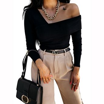 Women Short Top Cross V Neck Long Sleeve Off Shoulder Shirts Casual Slim Fit Tops Streetwear