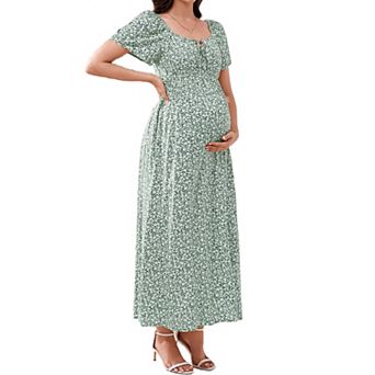 Women's Maternity Floral Maxi Dress Square Neck Short Sleeve Tie Front Casual Dress with Pockets